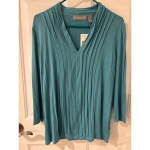 Liz Claiborne Pintuck V Neck Top Sky Blue Size L Beach Summer Spring Casual